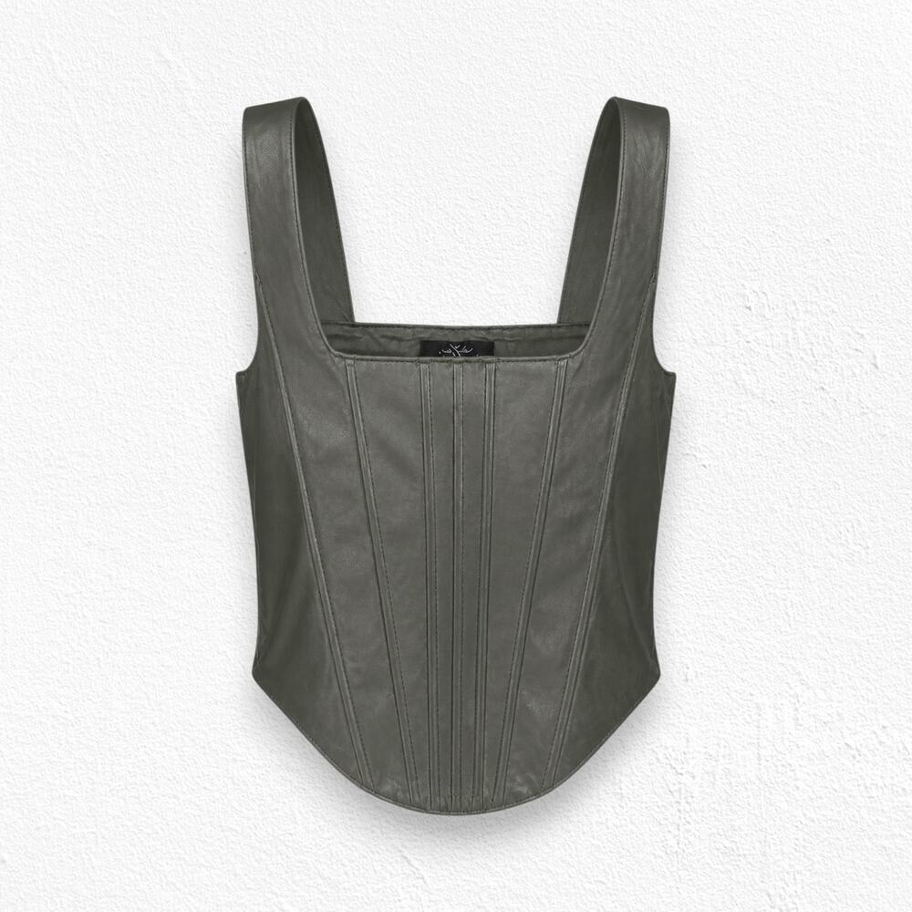 7 for all Mankind Olive Green Faux Leather Wide Tank Top Corset Crop Top Size XS